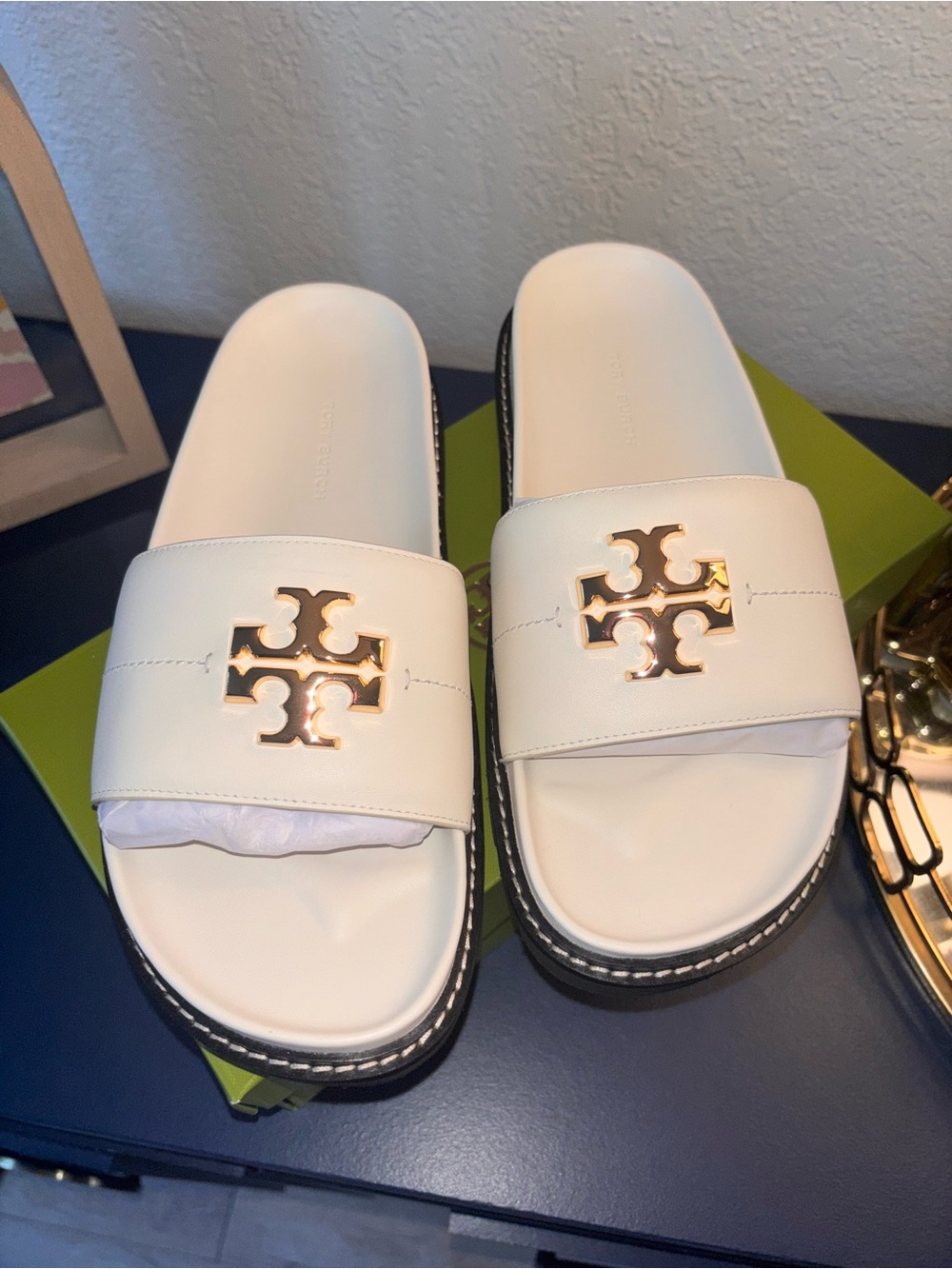 Tory Burch Cream Leather Slide Sandals with Gold Logo - Picture 3 of 8